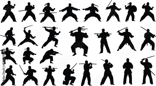 Martial Arts Silhouettes Icon Set Featuring Various Martial Arts Poses and Weapons for Combat and Fitness Concepts