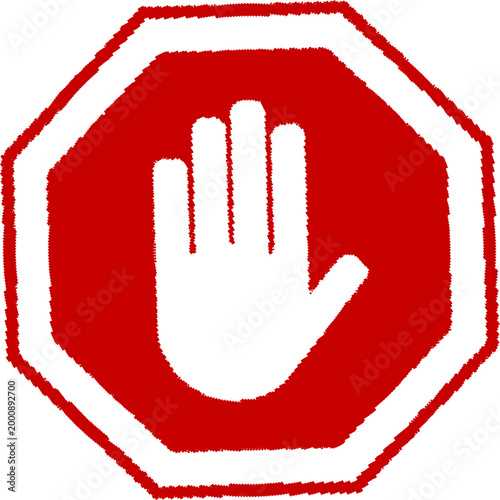 White hand symbol on red octagonal stop sign with textured border