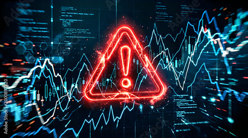 Digital warning sign with exclamation mark over financial data charts representing danger or alert.