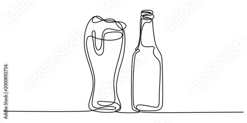 Continuous line drawing beer glass, bottle, one line art, minimalist drink icons
