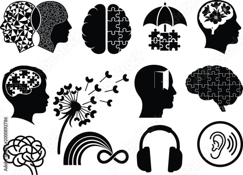 autism awareness symbols, Mental health symbols, brain silhouettes, and mindfulness