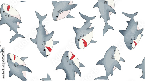 Cute shark seamless pattern vector featuring cartoon ocean animals, playful marine predators with funny expressions, aquatic background design for kids fabric and print