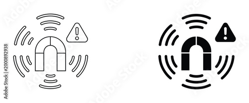 Magnet with warning sign and magnetic field waves, line and solid icons, clean vector illustration set representing magnetic force, caution