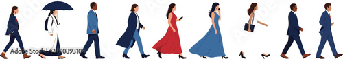 Elegant people walking vector set featuring men and women in formal outfits, business and evening fashion characters in motion, modern lifestyle illustration collection