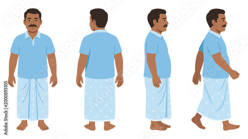 Middle aged indian man character set wearing blue polo and patterned.