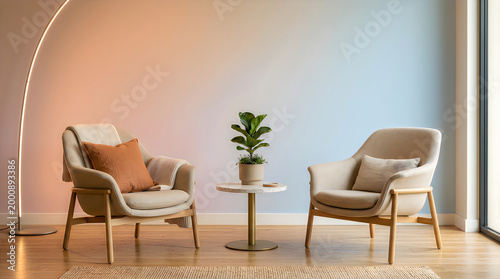 Modern living room interior with two armchairs, side table, floor lamp and plant, warm lighting.
