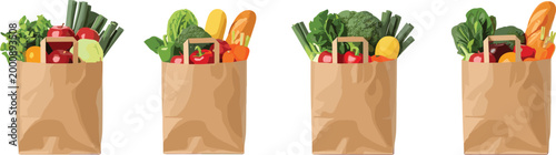 Grocery paper bags with fresh vegetables vector set featuring organic food shopping, healthy produce and eco friendly lifestyle illustration collection