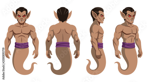 Full body rotation of muscular djinn character with supernatural red eyes.