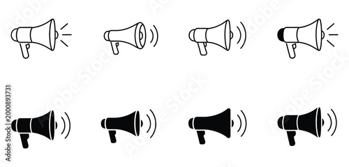 Megaphone icon set vector illustration, modern icon pack representing advertising, promotion, and public announcements