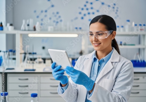 Smiling scientist in a lab coat and gloves holding a tablet