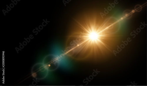 Konstfotografi Realistic golden lens flare with diagonal starburst streak and chromatic aberrat