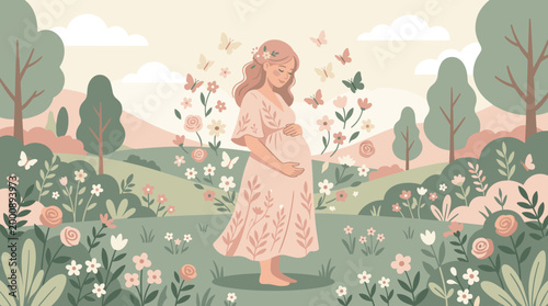 Pregnant woman surrounded by flowers serene nature scene digital art soft pastel colors inspirational concept
