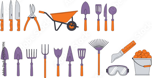 Kitchen and gardening tools vector illustration set with knives, wheelbarrow, rake and utensils, household and farm equipment collection isolated on white background