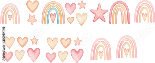 Pastel rainbow and heart vector collection featuring soft boho arches, stars and cute shapes, dreamy nursery design elements for baby decor and romantic illustration