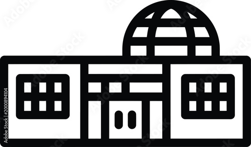 Observatory building icon showcases a domed structure with windows representing scientific research and astronomical study.