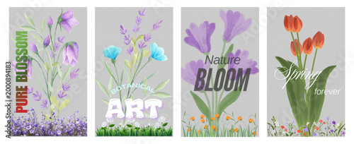 vibrant floral art poster set with purple tulips and orange poppies in nature bloom theme