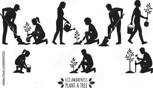 Detailed vector graphic illustration collection of various people engaged in the vital process of planting and nurturing young trees to foster environmental sustainability and eco awareness on transpa