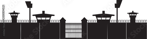 Prison security facility minimalist vector illustration with guard towers and a main gate with wall