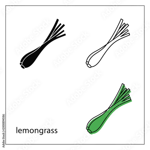 Set of lemongrass icons in three different graphic styles isolated on white background.