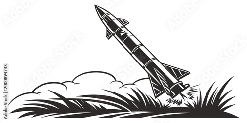 Foto Vector graphic illustration of a missile launching from a grassy field with smok