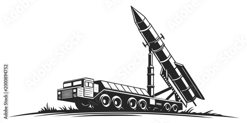 Tableau sur toile Illustration of a heavy mobile missile launch platform in field with launcher mi
