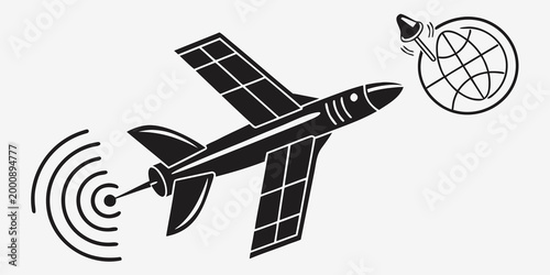 Foto Graphic icon of a communications satellite in orbit transmitting signals to a gl