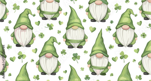 St Patrick gnome seamless pattern vector featuring cute green leprechaun characters with shamrocks and hearts, festive Irish holiday background for fabric and wrapping design