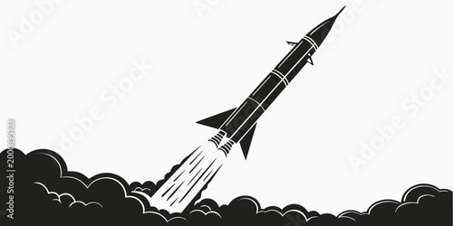 Powerful rocket missile launching into space black and white vector design with launching propulsion illustration silhouette technology exploration aviation aerospace military atmosphere