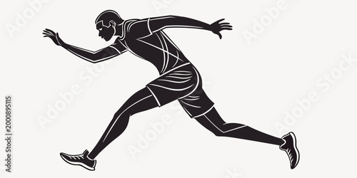 Graphic illustration of a male runner sprinting forward in action with movement exercise athletic silhouette illustration training performance competition lifestyle physical determination