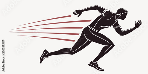 Stylized illustration of an athletic male runner in motion with fast paced athletics exercise silhouette movement training lifestyle competition performance marathon determination strength