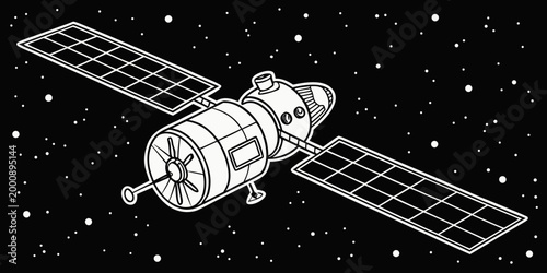 Detailed black and white line art of a space satellite orbiting in deep space with satellite spacecraft technology astronomy universe exploration communication telecommunications transmission