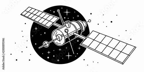 Graphic black and white illustration of a communications satellite in orbit with satellite spacecraft technology astronomy universe exploration communication telecommunications transmission