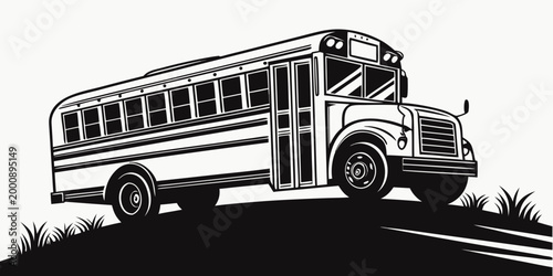 Stylized black and white vector graphic of a school bus driving on a hill with transportation education passenger carriage illustration isolated landscape schooling learning classroom