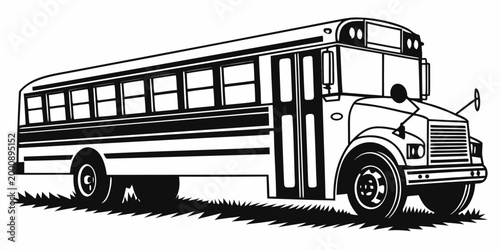 Black and white graphic illustration of a yellow school bus parked on grass with transportation education passenger carriage illustration isolated schooling learning classroom commuter