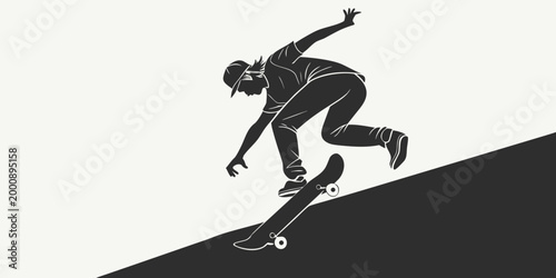 Graphic illustration of a skateboarder performing a trick on a slope with skateboarder skateboarding silhouette illustration creative lifestyle recreation competition performance movement