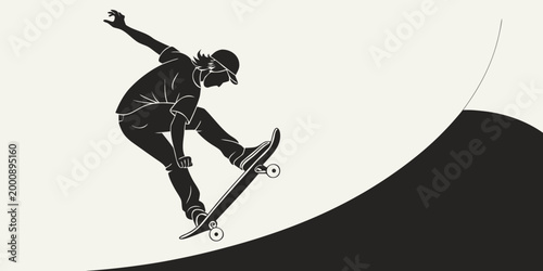 Silhouette graphic of a skateboarder doing an air trick on a halfpipe with skateboarder skateboarding halfpipe silhouette illustration creative lifestyle recreation competition performance