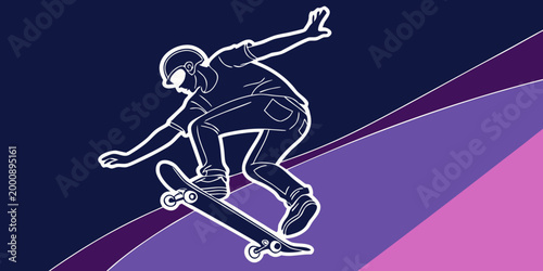 Stylized line art graphic of a skateboarder on a ramp background with skateboarder skateboarding illustration creative lifestyle recreation competition performance movement minimalist