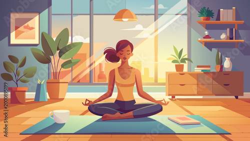 A serene woman practicing yoga in a sunlit, minimalist modern living room, soft morning light, high resolution, photorealistic, 8k, cinematic lighting, peaceful atmosphere.
