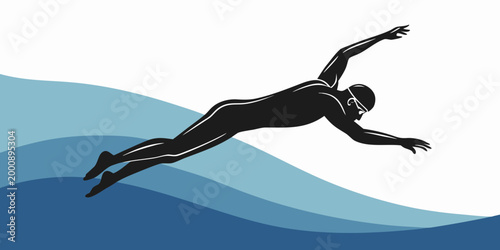 Graphic illustration of swimmer silhouette in blue water waves with swimming pool swimmer icon sport graphic swimming race swimming action swimming exercise competition training silhouette