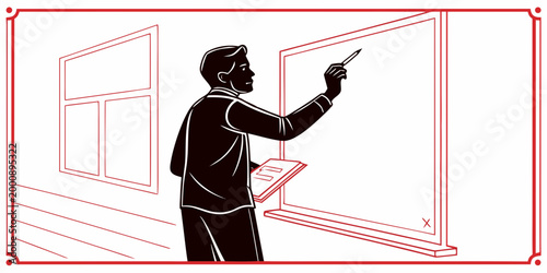 Silhouette illustration of a man holding a clipboard and pointing at a large wall board with silhouette clipboard pointing presentation business professional strategy analysis education