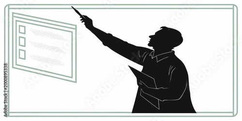 Silhouette illustration of a man pointing at a document or chart on a wall board with silhouette pointing presentation business professional strategy analysis education document corporate
