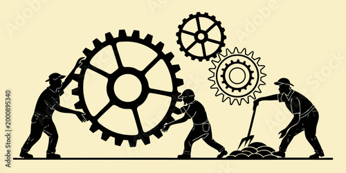 Team of workers moving and installing complex mechanical gear components together with teamwork industry construction engineering mechanics assembly collaboration manufacturing machinery