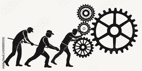 Industrial workers collaborating to align and assemble large mechanical gears with industry engineering teamwork mechanic manufacturing collaboration cogwheel machinery technical maintenance