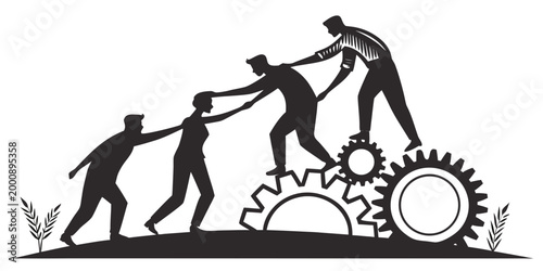 Silhouette of people helping each other climb up mechanical gears illustration with teamwork achievement business collaboration climbing development cooperation together professional strategy