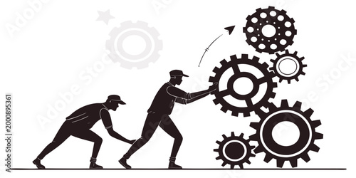 Two people working together to align mechanical cogs for system operation with teamwork engineering collaboration mechanics industry cogwheel machinery assembly technical industrial business