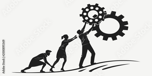 Group of professional colleagues collaborating to fit interlocking mechanical gears with teamwork collaboration engineering business industry cooperation cogwheel professional mechanics