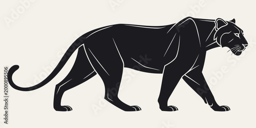Detailed graphic illustration of a majestic black panther walking profile view with predator wildlife illustration silhouette powerful creature isolated minimalist stylized graceful majestic