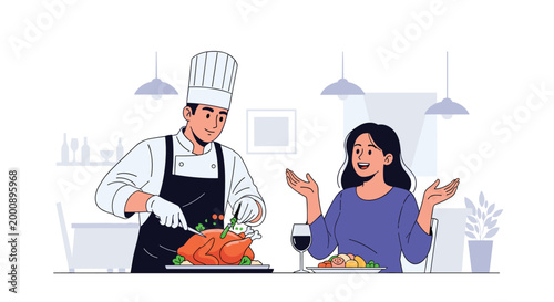 Chef carving roasted turkey for woman at restaurant