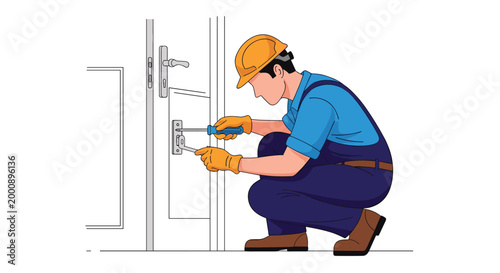 Handyman or locksmith repairing a door lock