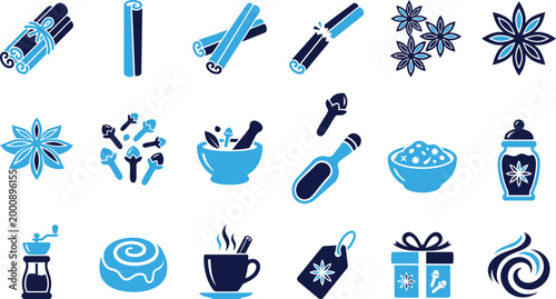 Set of stylized blue and dark navy spice icons including cinnamon sticks cloves star anise and mortar.